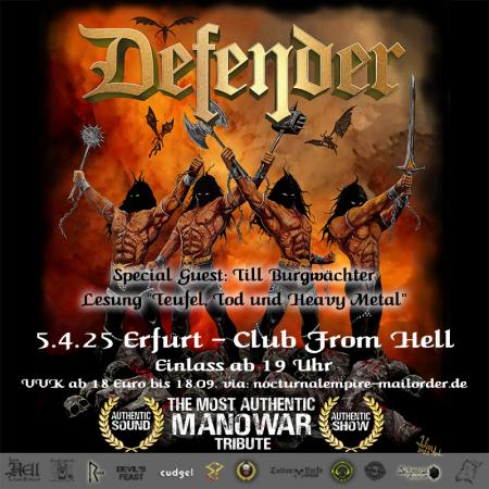 Flyer von Termin "Defender - The Most Authentic Manowar Tribute - + Till Burgwächter Lesung"